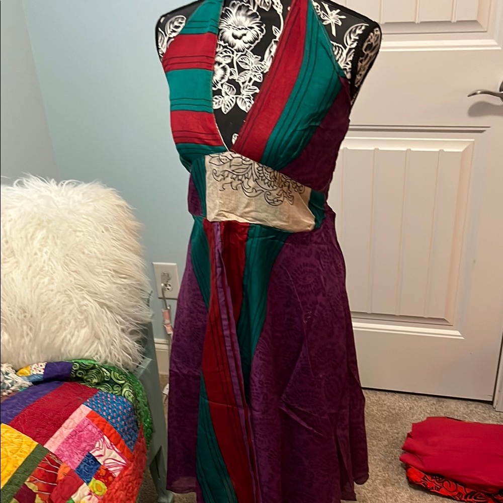 Vibrant Green and Red Plunge Neck Cocktail Sundress